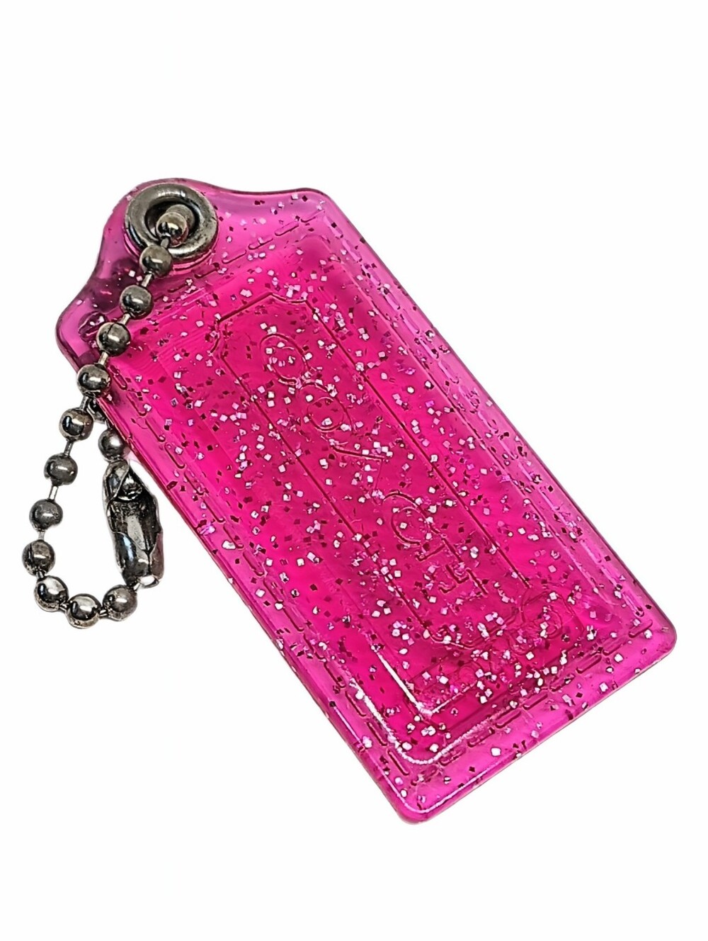 🆕Coach Poppy 2" Fuchsia Pink Glitter Lucite Hangtag Bag Fob Charm Keychain RARE